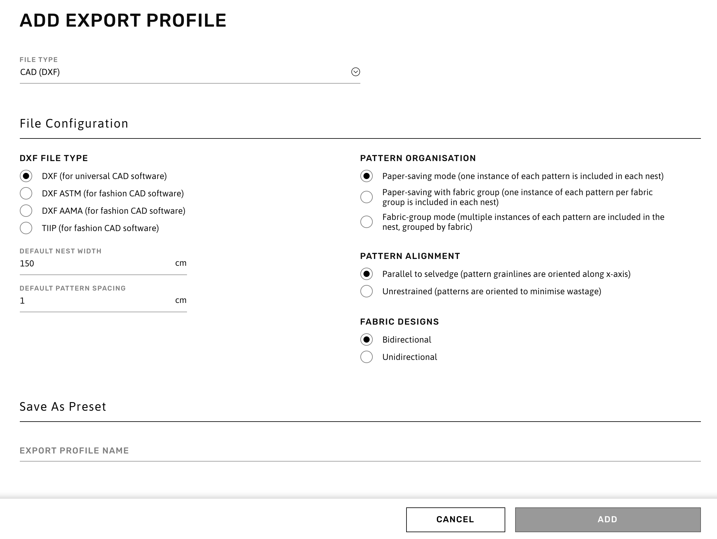 New Export Profile