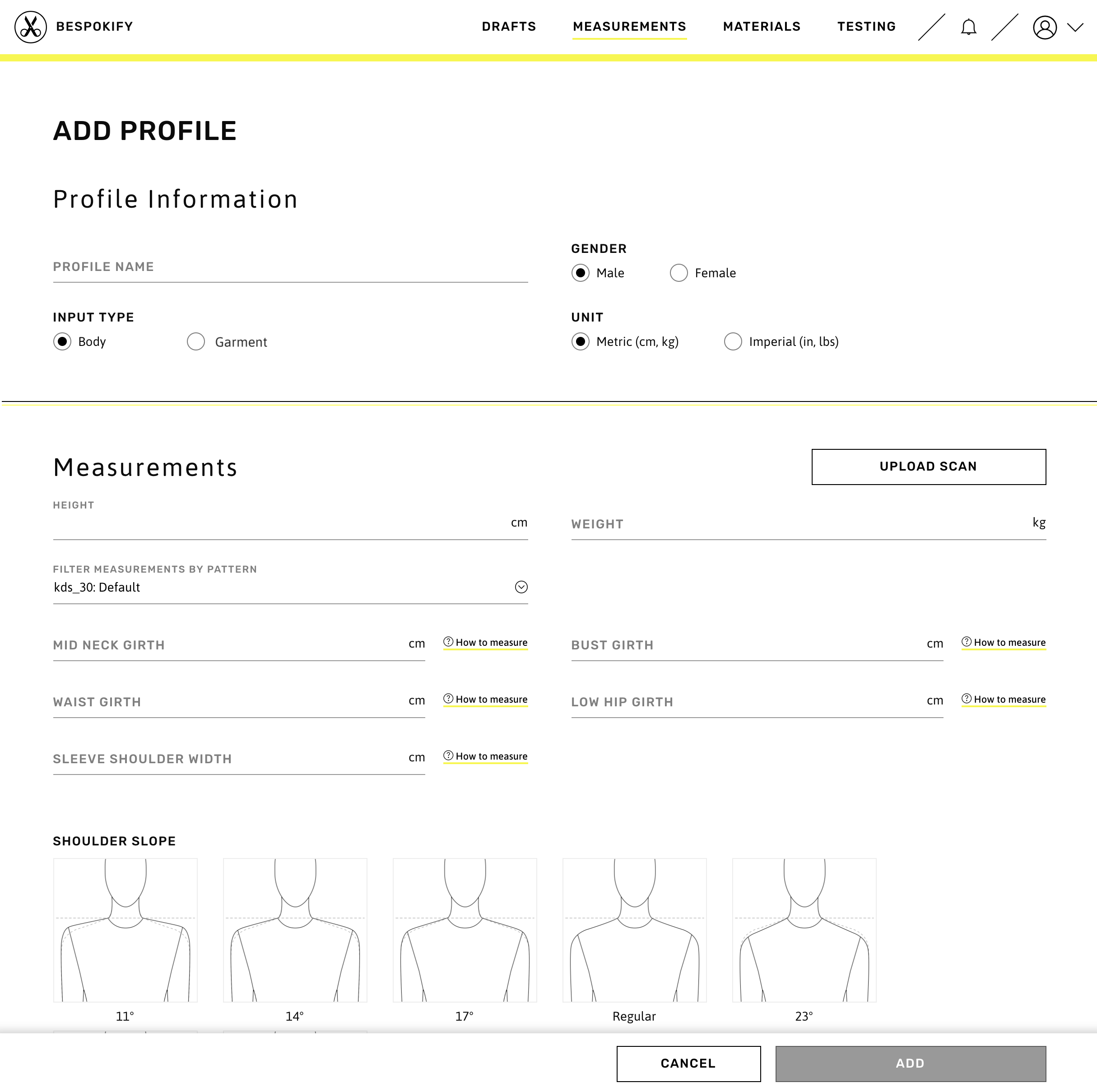 Form for creating new measurement profiles