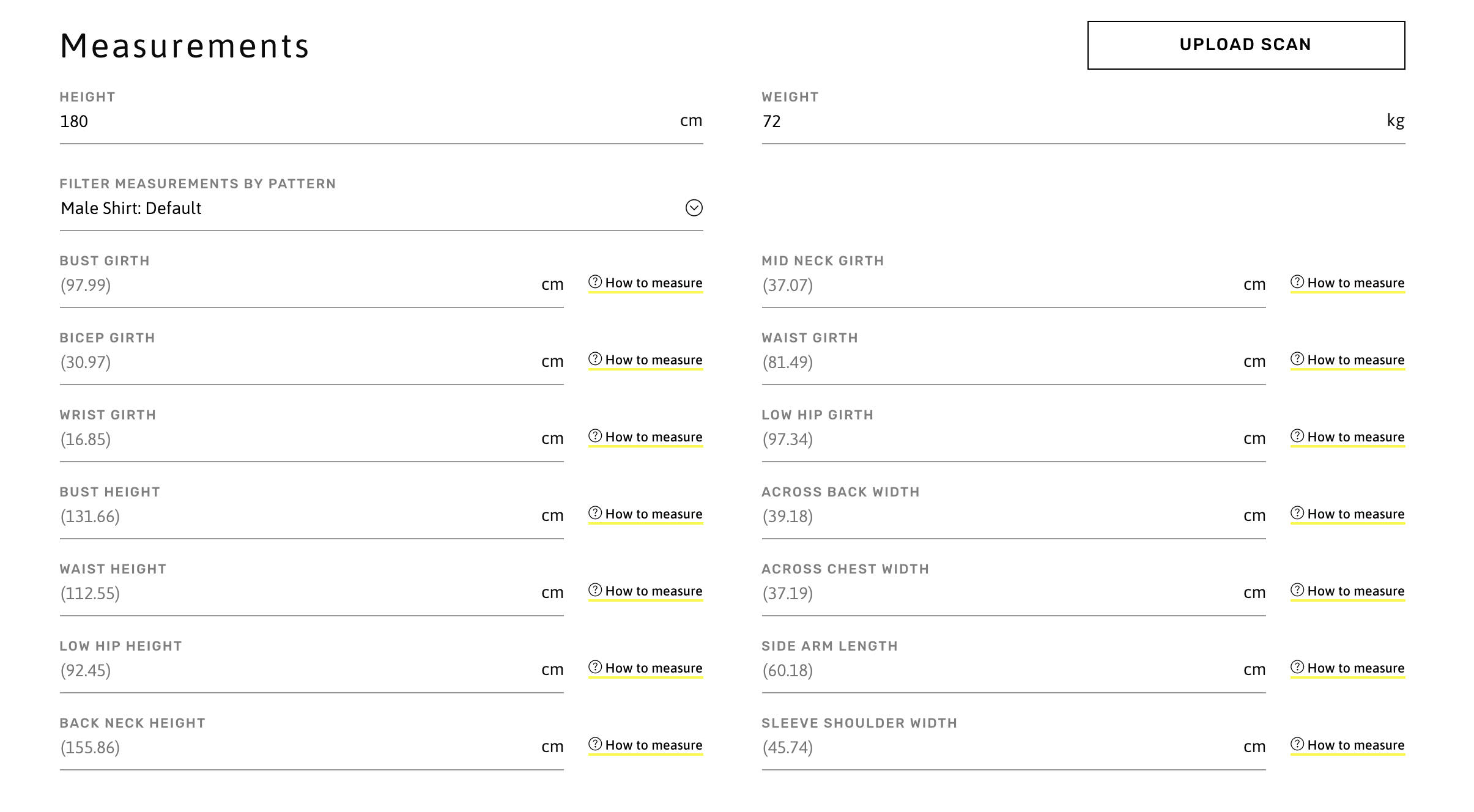 Body measurement fields with predicted values