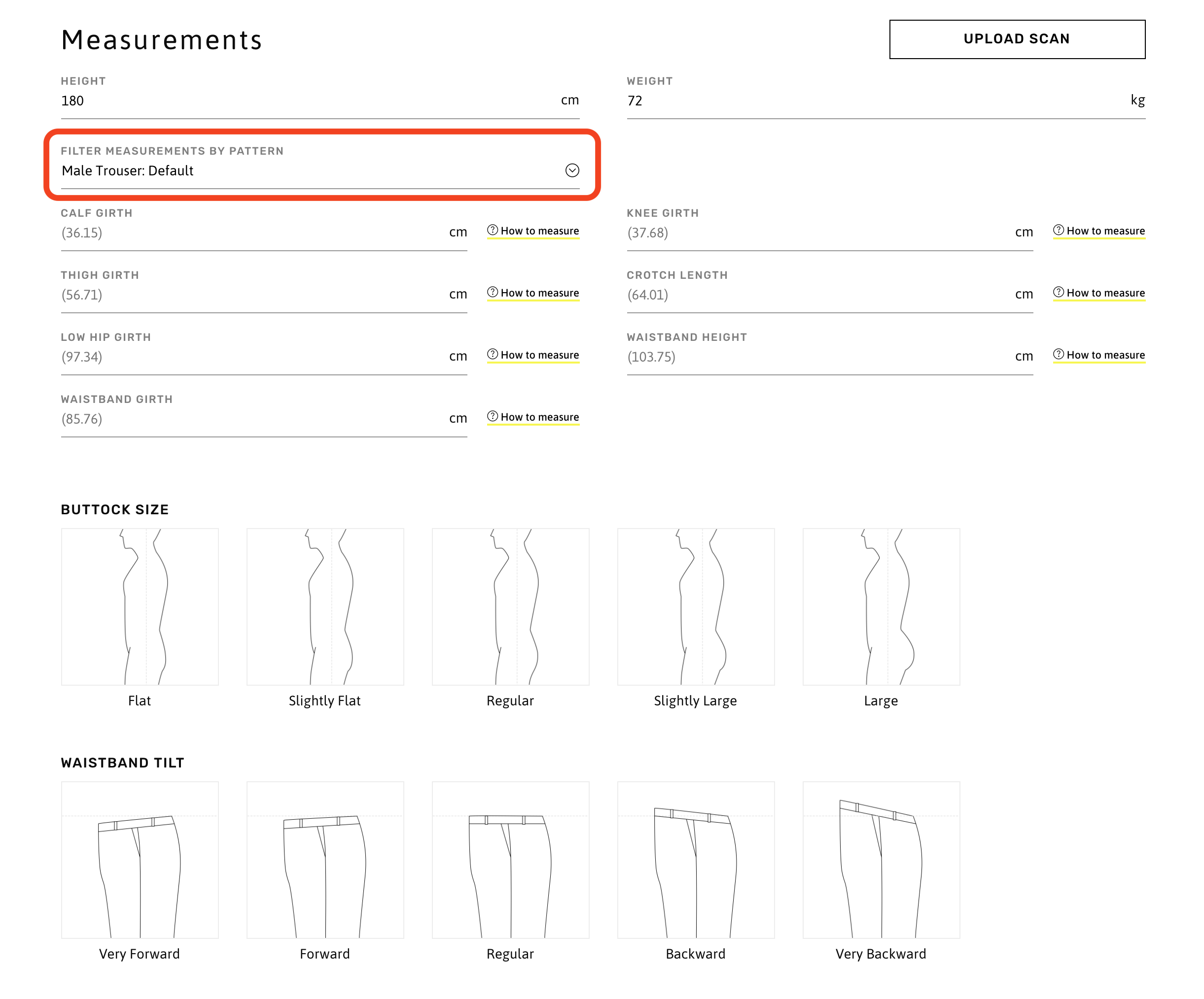 Body measurement fields for Male Trouser pattern