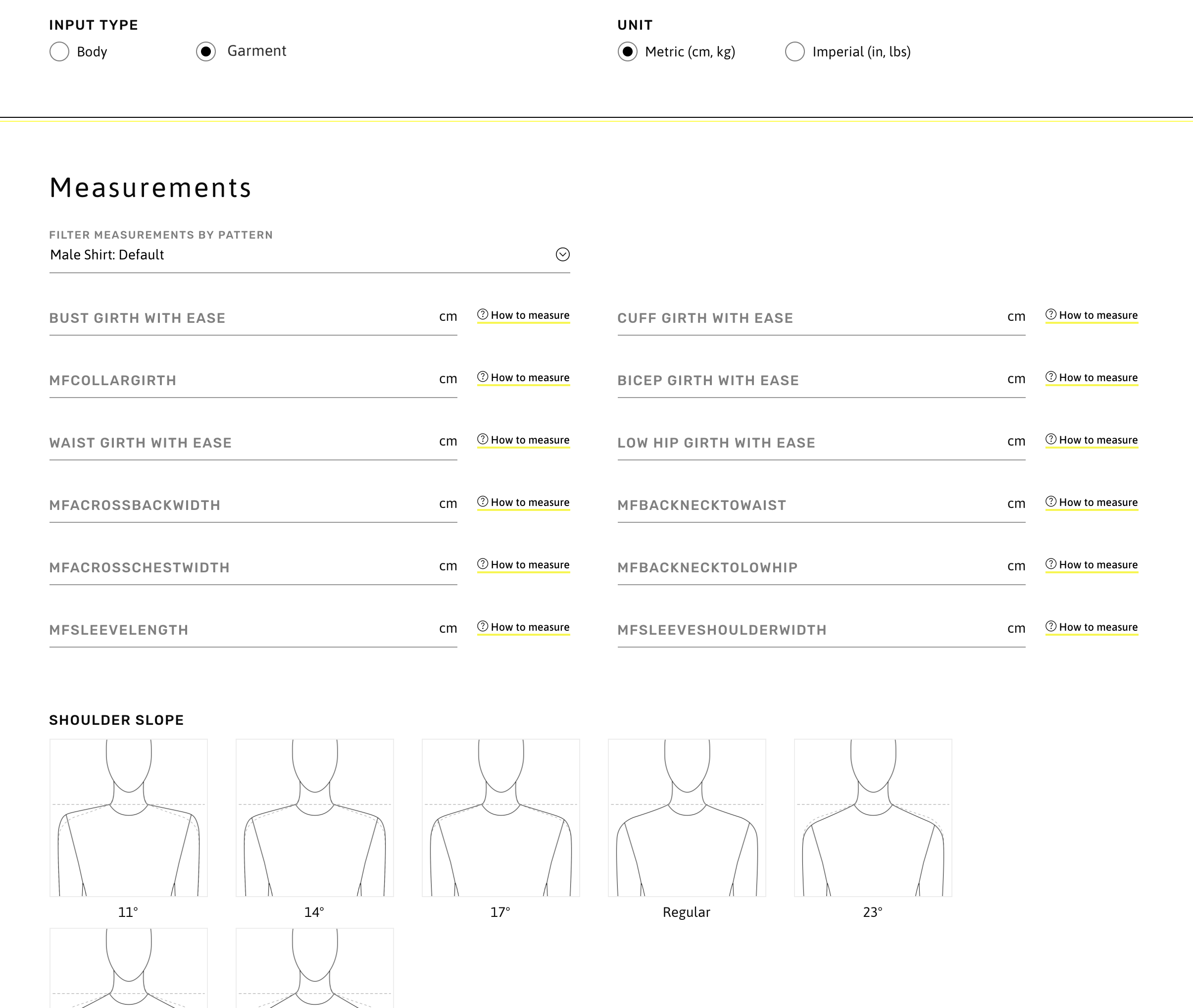 Garment measurements for Male Shirt