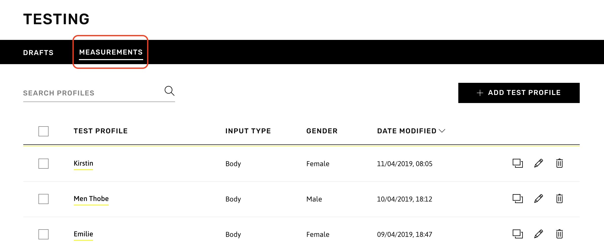 The Measurements tab in Testing